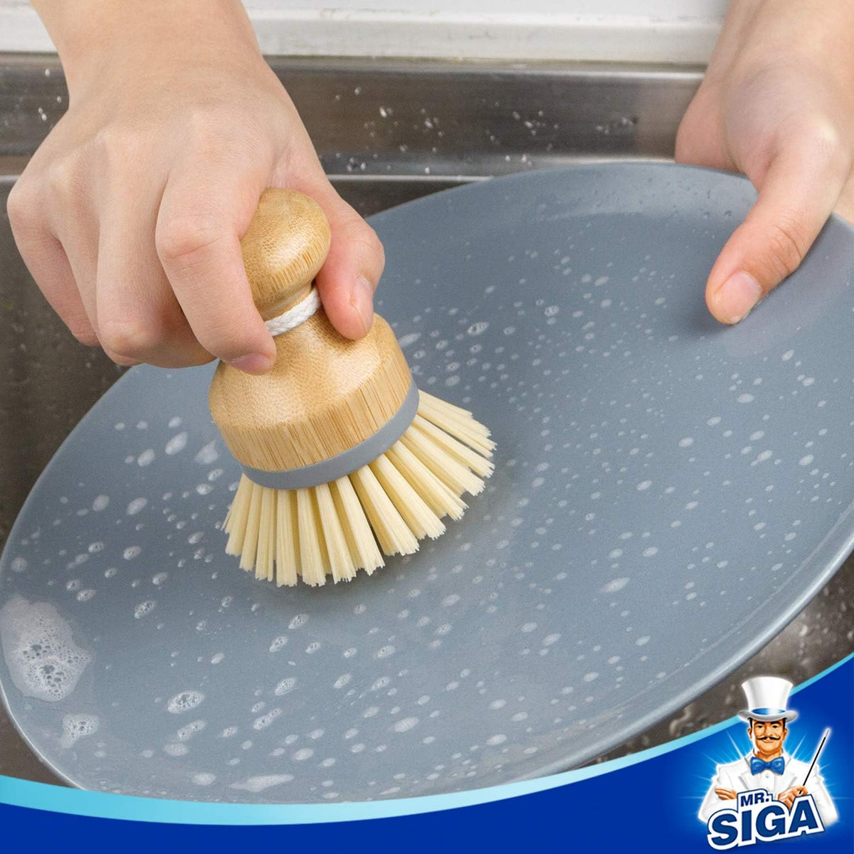 MR.SIGA Bamboo Palm Brush, Scrub Brush for Dishes Pots Pans Kitchen Sink Cleaning, Pack of 2