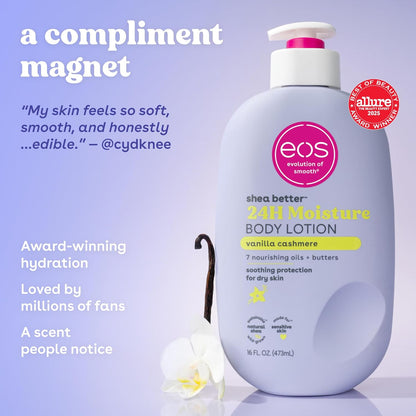 eos Shea Better Body Lotion Vanilla Cashmere, 24-Hour Moisture Skin Care, Lightweight & Non-Greasy, Natural Shea, Vegan, Vanilla Body Lotion, 16 fl oz