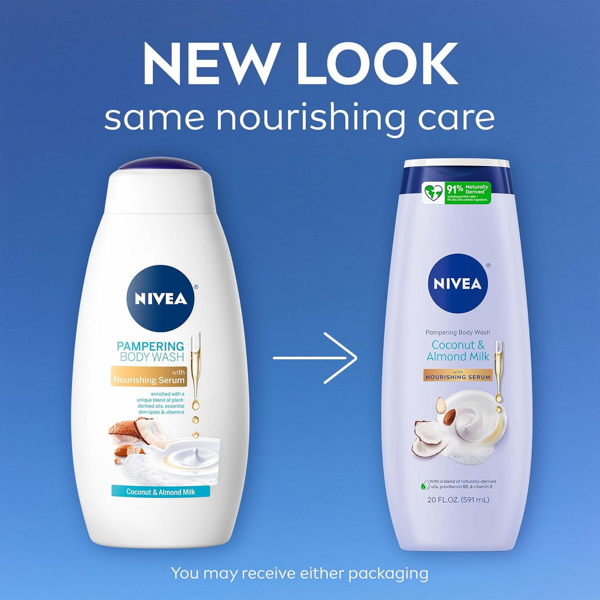 NIVEA Pampering Coconut and Almond Milk Body Wash with Nourishing Serum, Moisturizing Body Wash for Women, Enriched with Provitamin B5 and Vitamin E, 20 Fl Oz Bottle