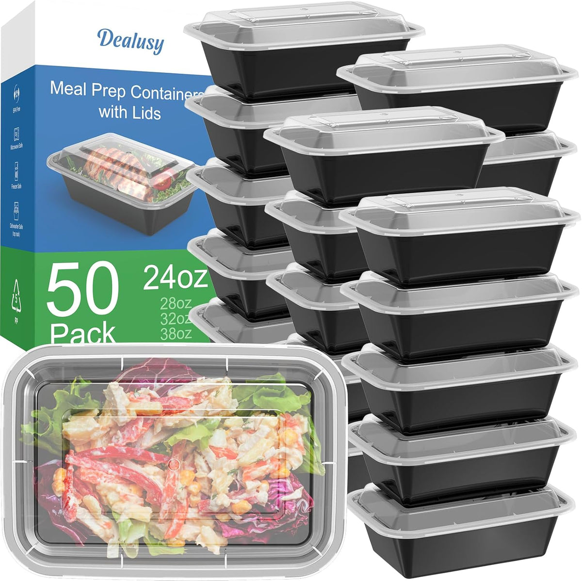 Dealusy 50 Pack (100-Piece) 24 oz Meal Prep Containers Reusable with Lids, Sturdy Leakproof & Food Safe, Microwave, Freezer, Dishwasher Safe Prep Containers, To Go Take Out Plastic Food Storage