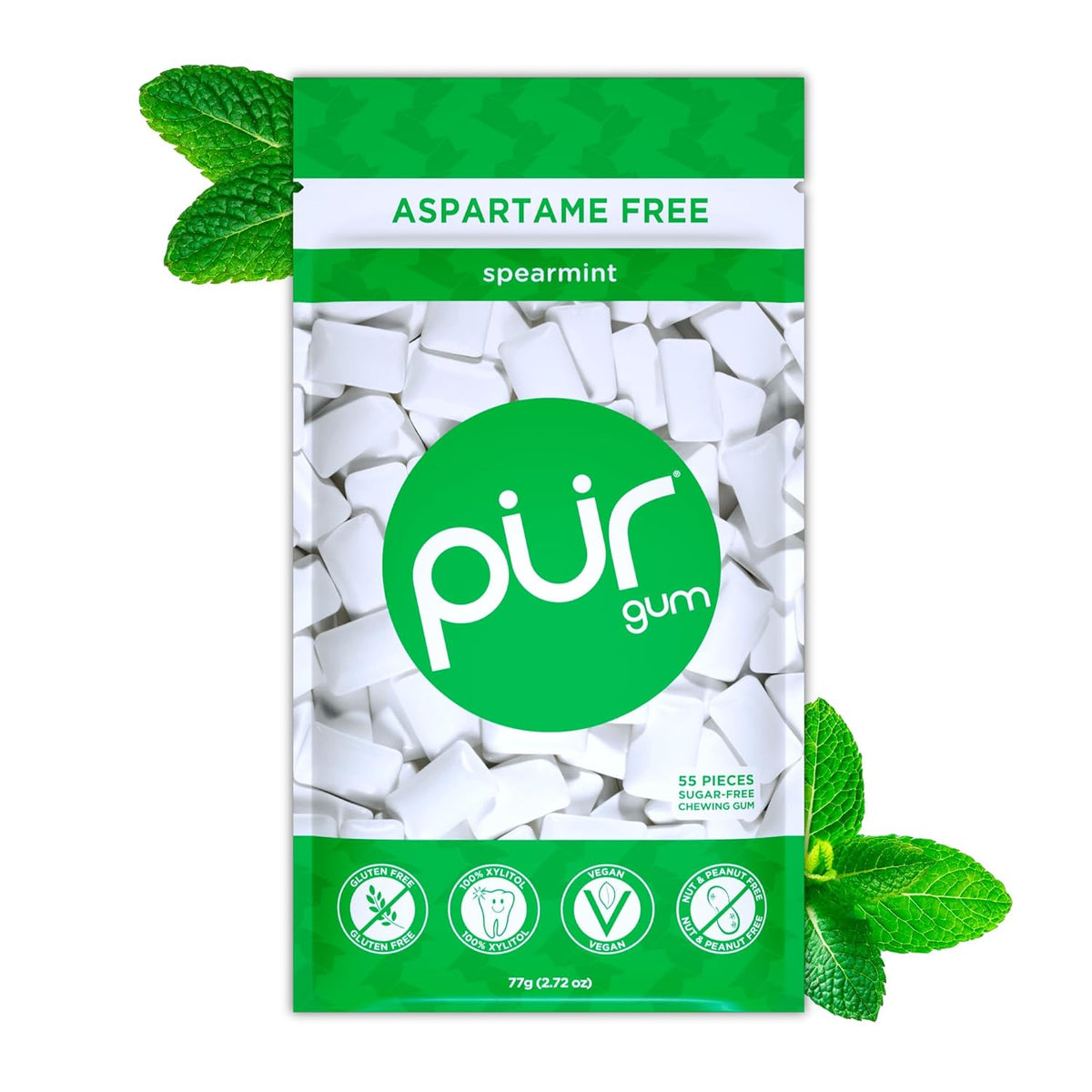 PUR Gum | Aspartame Free Chewing Gum | 100% Xylitol | Natural Spearmint Flavored Gum, 55 Pieces (Pack of 1)