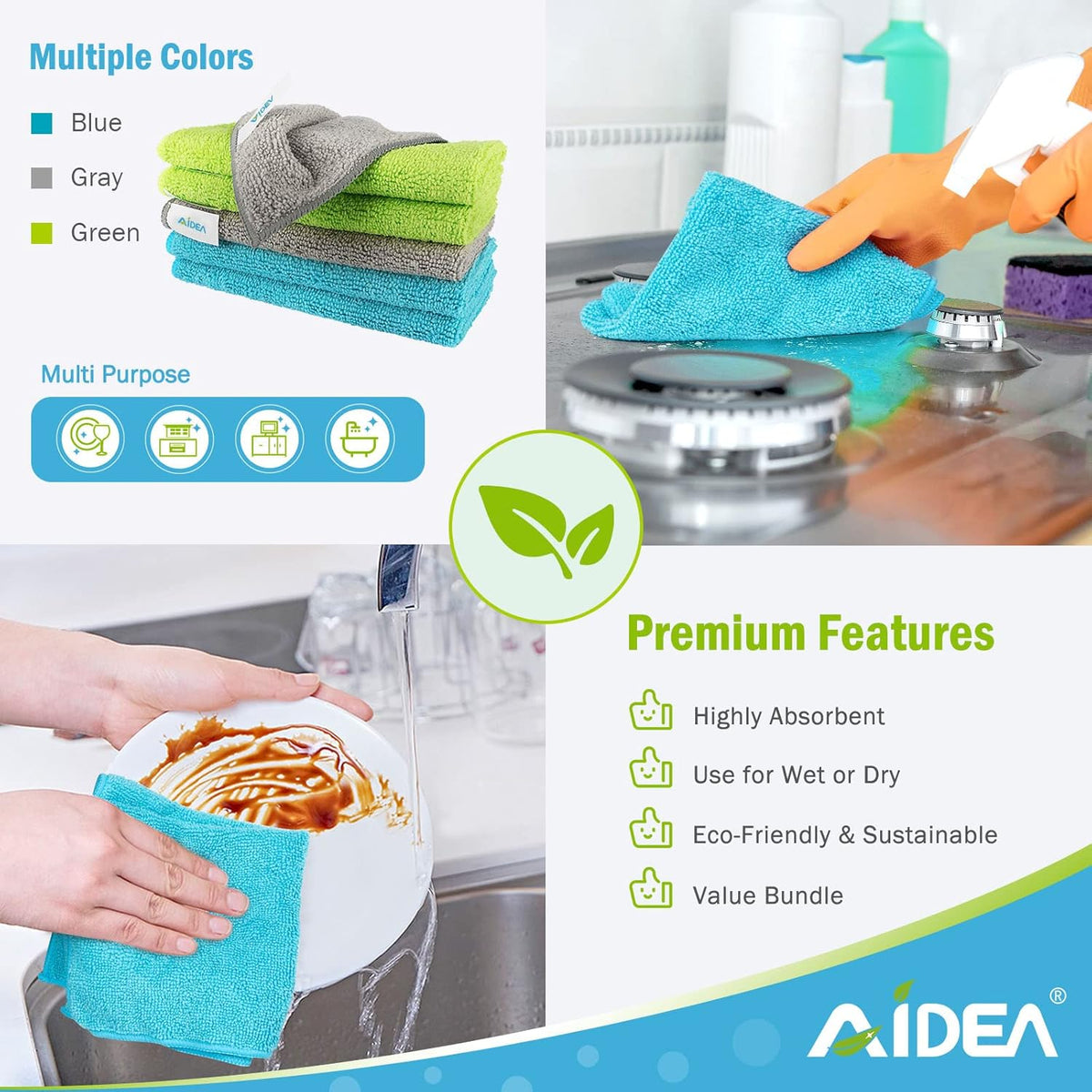 AIDEA Microfiber Cleaning Cloth-50PK, Soft Microfiber Towels for Cars, Absorbent Cleaning Rags, Lint-Free Streak-Free Wash Cloths for House, Kitchen, Window(12in.x12in)