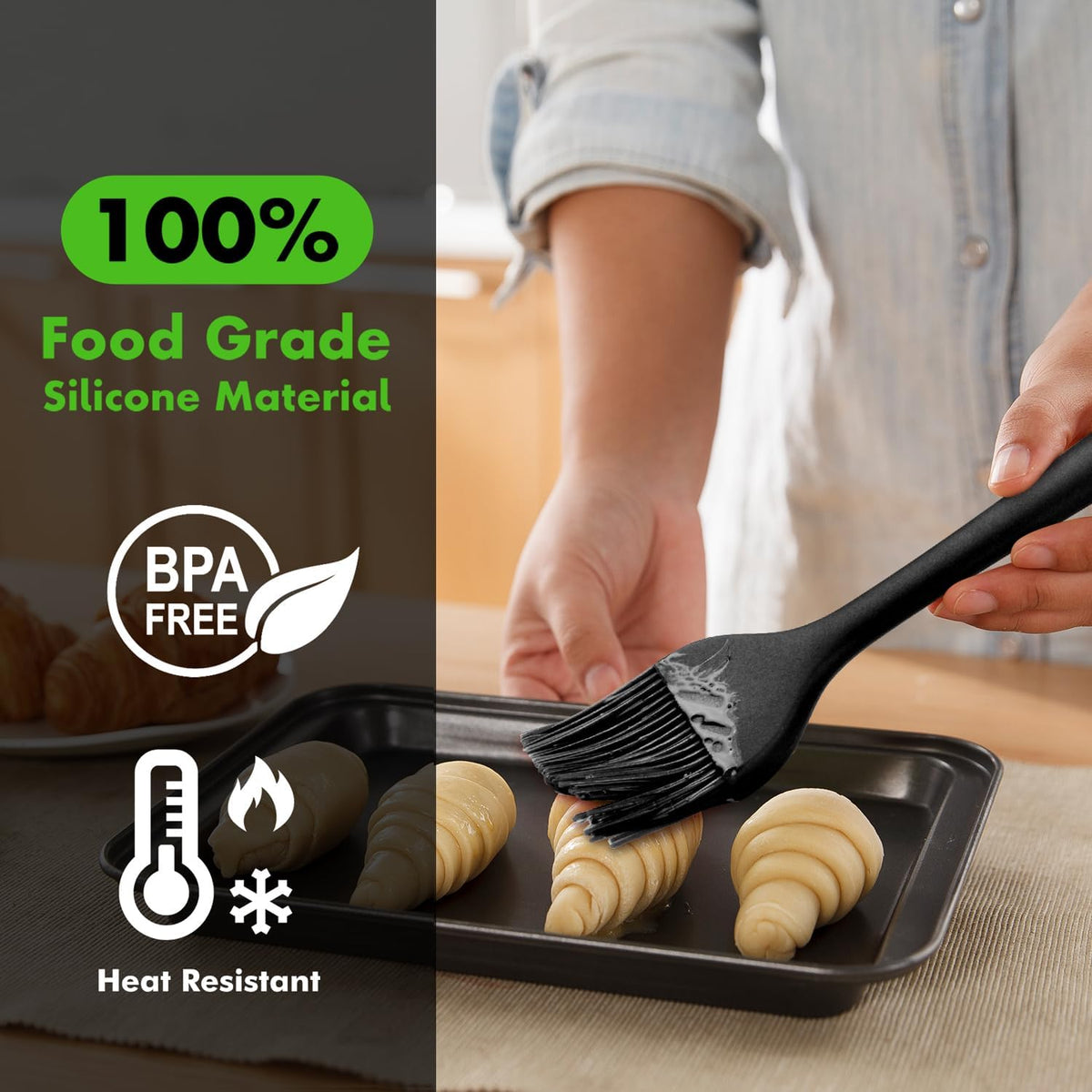 HOTEC 600℉ Heat Resistasnt Basting Brushes, BPA Free Silicone Pastry Brush, Spread Oil Butter Sauce Marinades for BBQ Grill Barbecue Baking Kitchen Cooking Dishwasher Safe (Black 2)