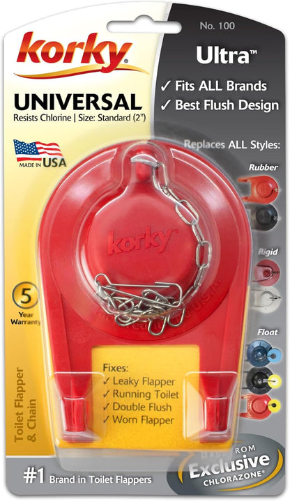 Korky Ultra Standard 2-Inch Universal Toilet Flapper - Long Lasting Rubber - Easy to Install - Made in USA, 100BP