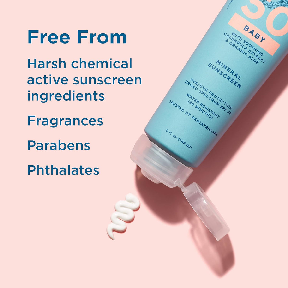 Blue Lizard BABY Mineral Sunscreen with Zinc Oxide, SPF 50+, Water Resistant, UVA/UVB Protection with Smart Cap Technology - Fragrance Free, 5 oz. Tube