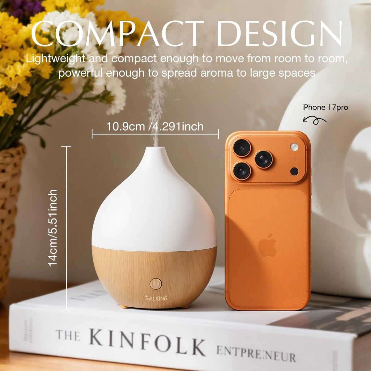 SALKING Essential Oil Diffuser, 100ml Small Aromatherapy Diffuser with Auto Shut-Off Function, Ultrasonic Diffusers for Essential Oils, Cool Mist Humidifier with Warm White Lights, for Office Home