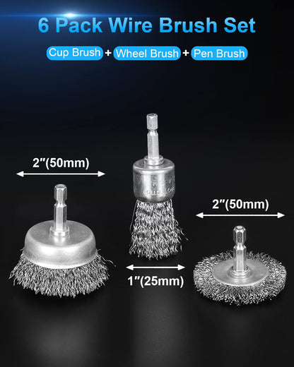Rocaris 6 Pack Carbon Steel Wire Wheel and Pen Brush Set with 1/4-Inch Hex Shank for Rust Removal, Corrosion and Scrub Surfaces