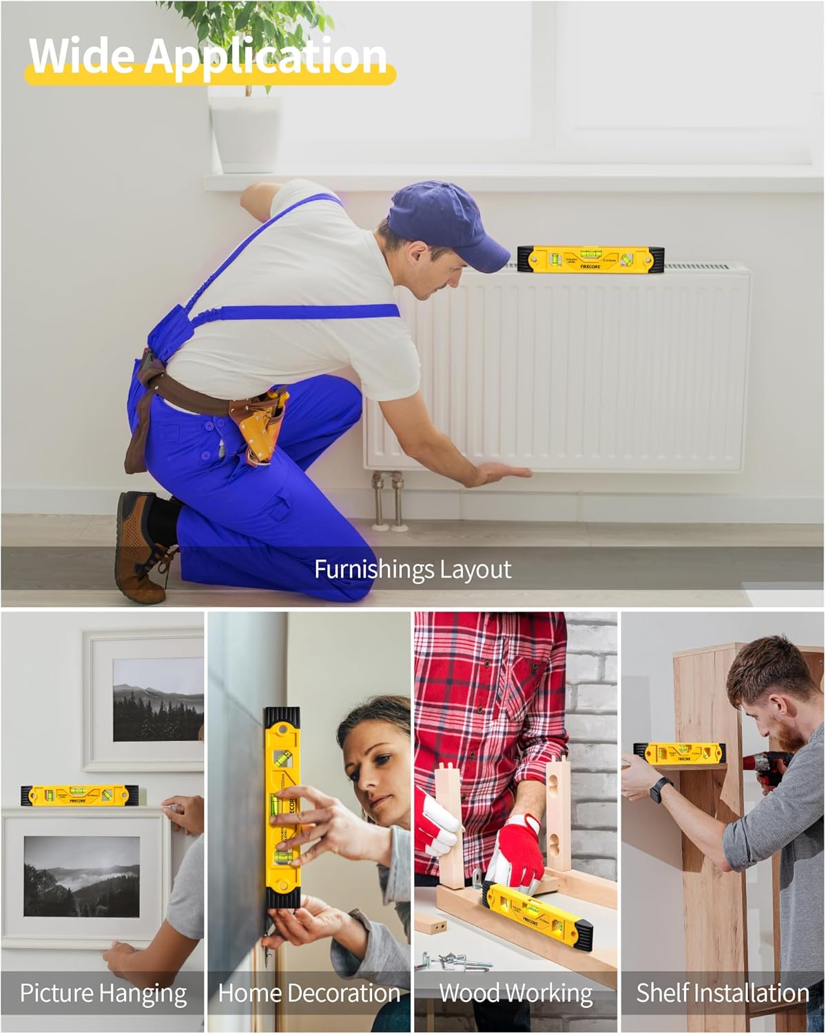 Torpedo Level Magnetic, Firecore 9 Inch Shockproof Small Leveler Tool with 3 Bubble Spirit Level 45 90 180 Degree, Construction Levelers for Hanging Pictures Install Shelf Home Renovation