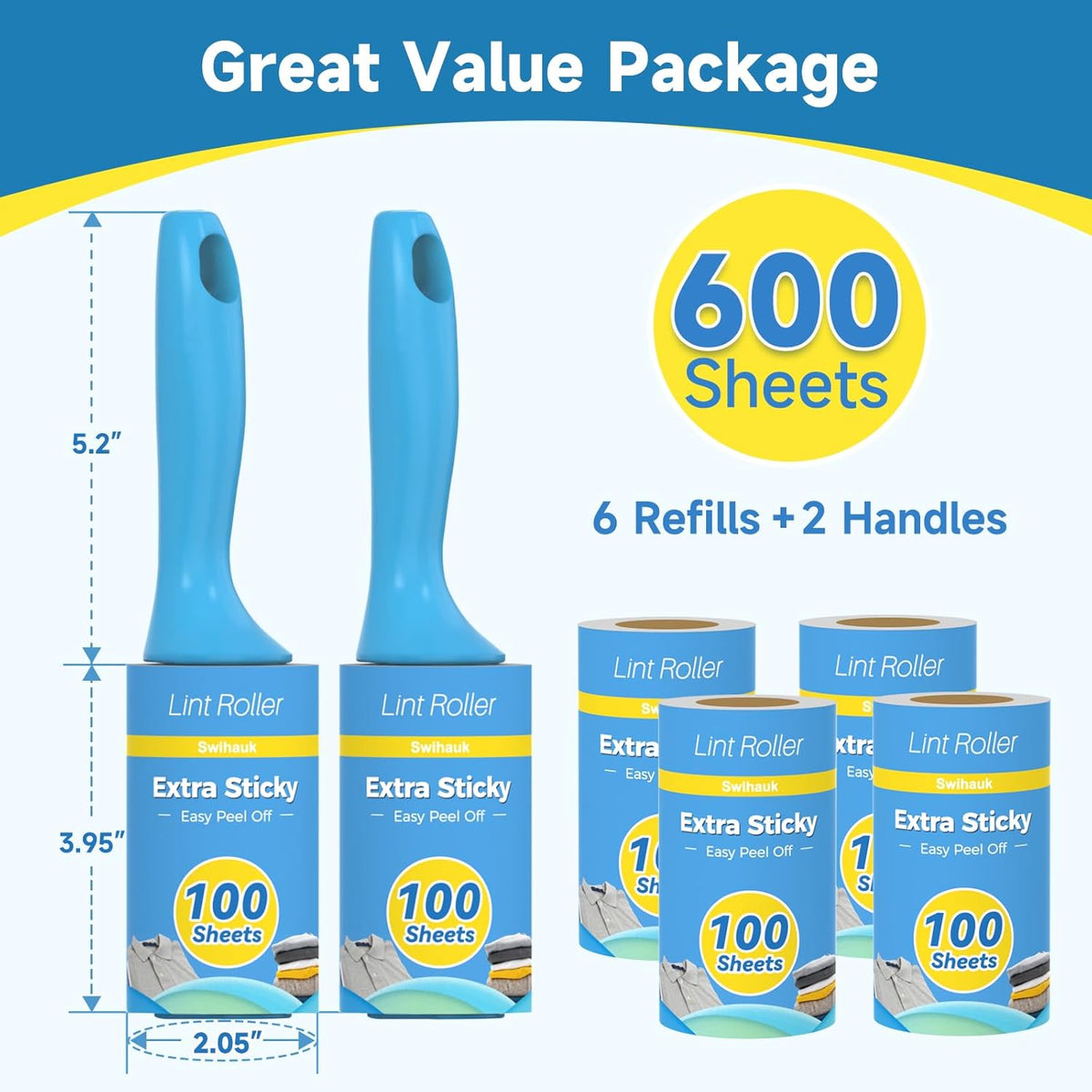 Swihauk 600 Sheets Extra Sticky Lint Rollers for Pet Hair, Easy Spiral Tear Lint Roller for Clothes with Ergonomic Handle, Multipurpose Lint Remover for Furniture, Carpet, Car Seat