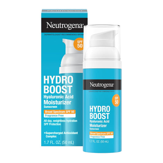 Neutrogena Hydro Boost Hyaluronic Acid Face Moisturizer with Broad Spectrum SPF 50 Sunscreen, Non-Greasy, Fragrance Free Daytime Facial Moisturizer to Hydrate & Soothe Dry Skin, 1.7 fl. oz