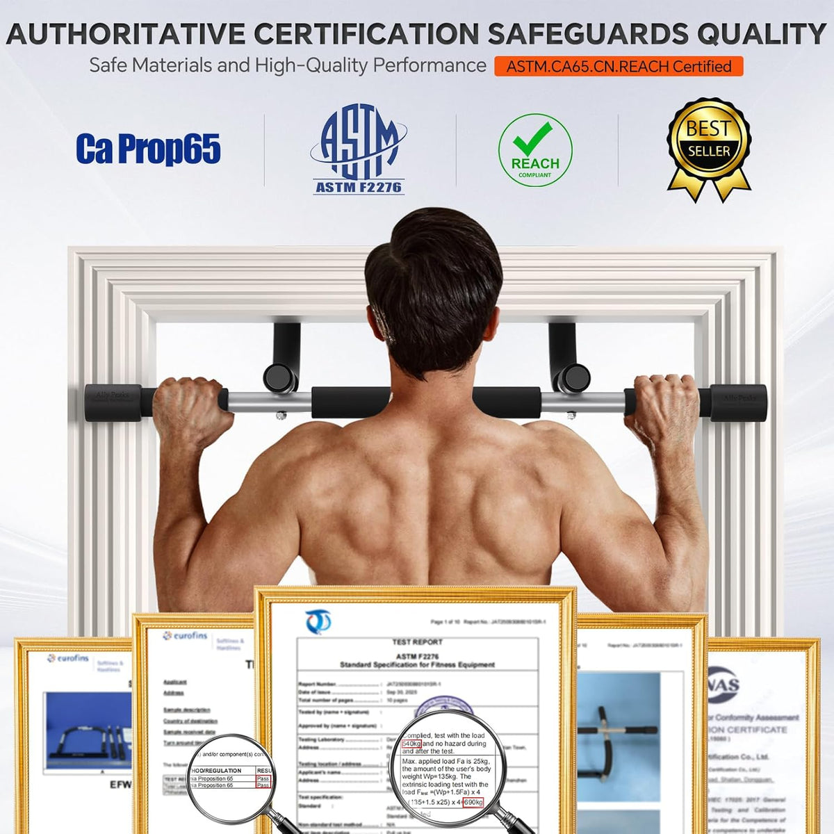 Ally Peaks Pull Up Bar for Doorway | Thickened Steel Max Limit 440 lbs Upper Body Fitness Workout Bar| Multi-Grip Strength for Doorway | Indoor Chin-Up Bar Fitness Trainer for Home Gym Portable