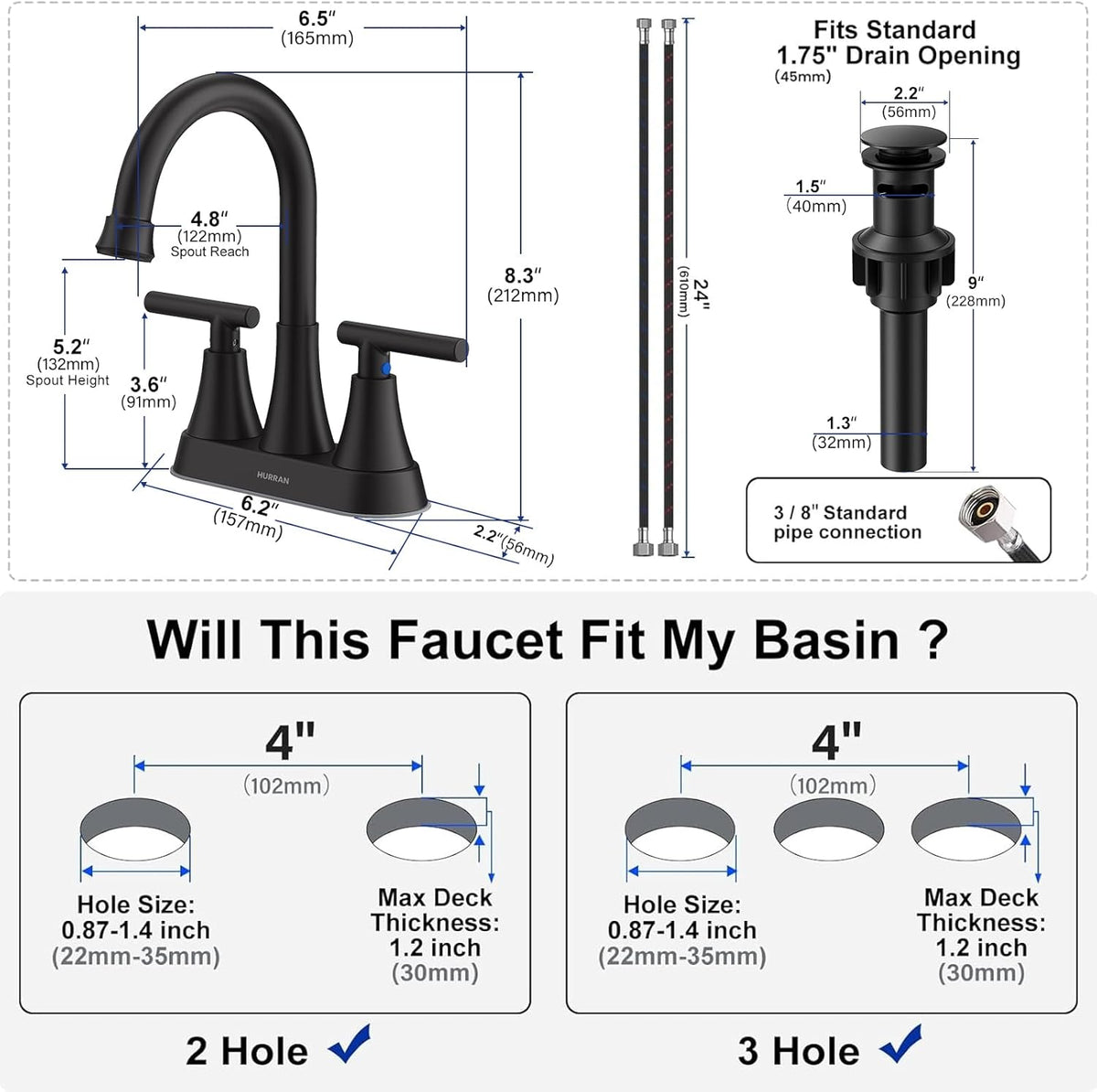 Bathroom Faucets for Sink 3 Hole, Hurran 4 inch Matte Black with Pop-up Drain and 2 Supply Hoses, Stainless Steel Lead-Free 2-Handle Centerset Faucet for Sink Vanity