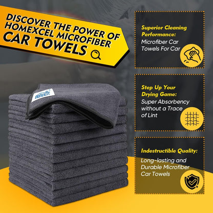 HOMEXCEL Microfiber Cleaning Cloth 12 Pack, 12.5 x 12.5 inch Microfiber Towels for Cars, Ultra Absorbent Washing Cloth, Lint Free Streak Free Cleaning Rags for Car, Kitchen, and Window (Grey)