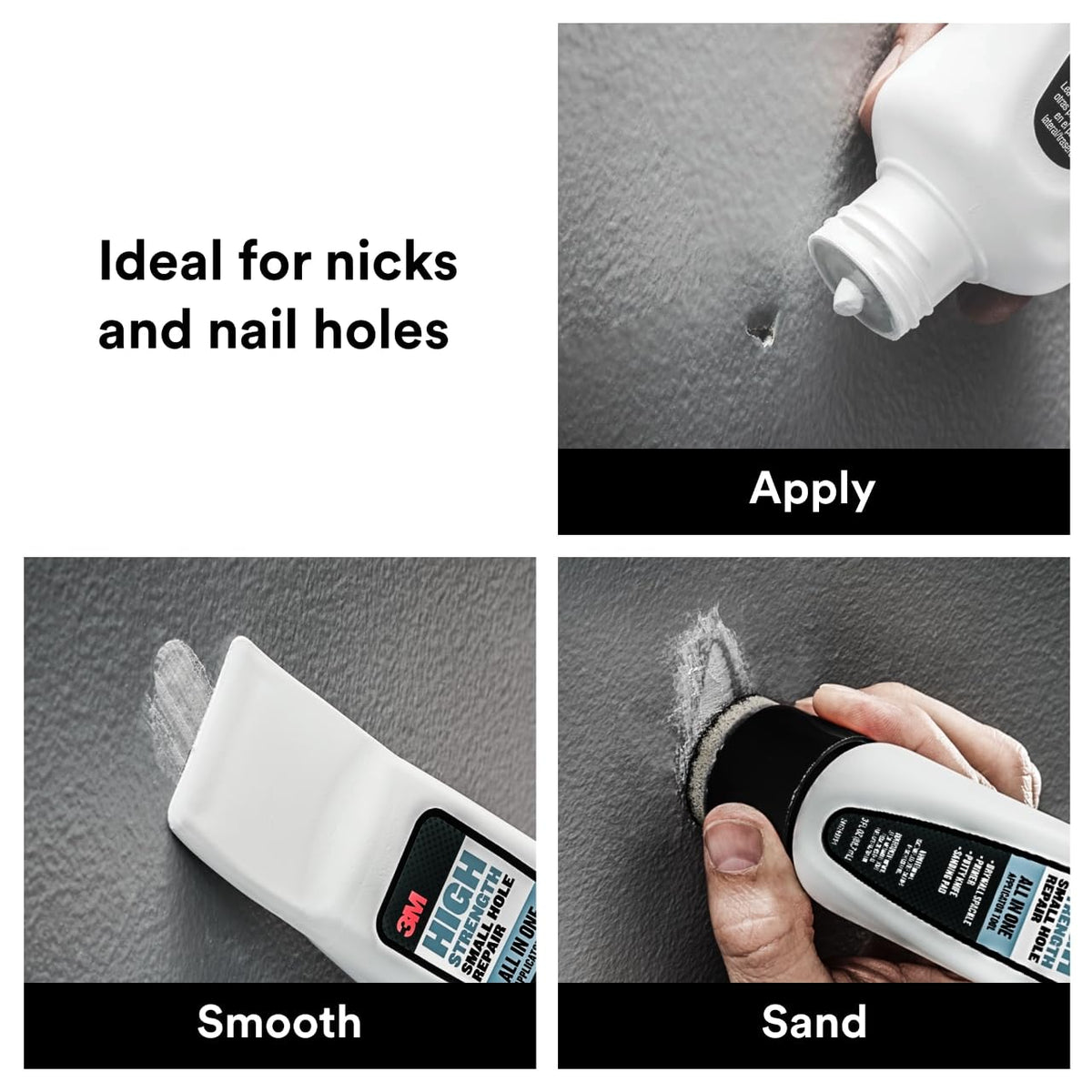 3M Small Hole Repair High Strength, All in One Applicator Tool, 1-Pack, Quick and Easy Repair for Nicks and Nail Holes, Includes Putty Knife, Spackle, and Sanding Pad For Wall Repairs (SHR-3-AIO)