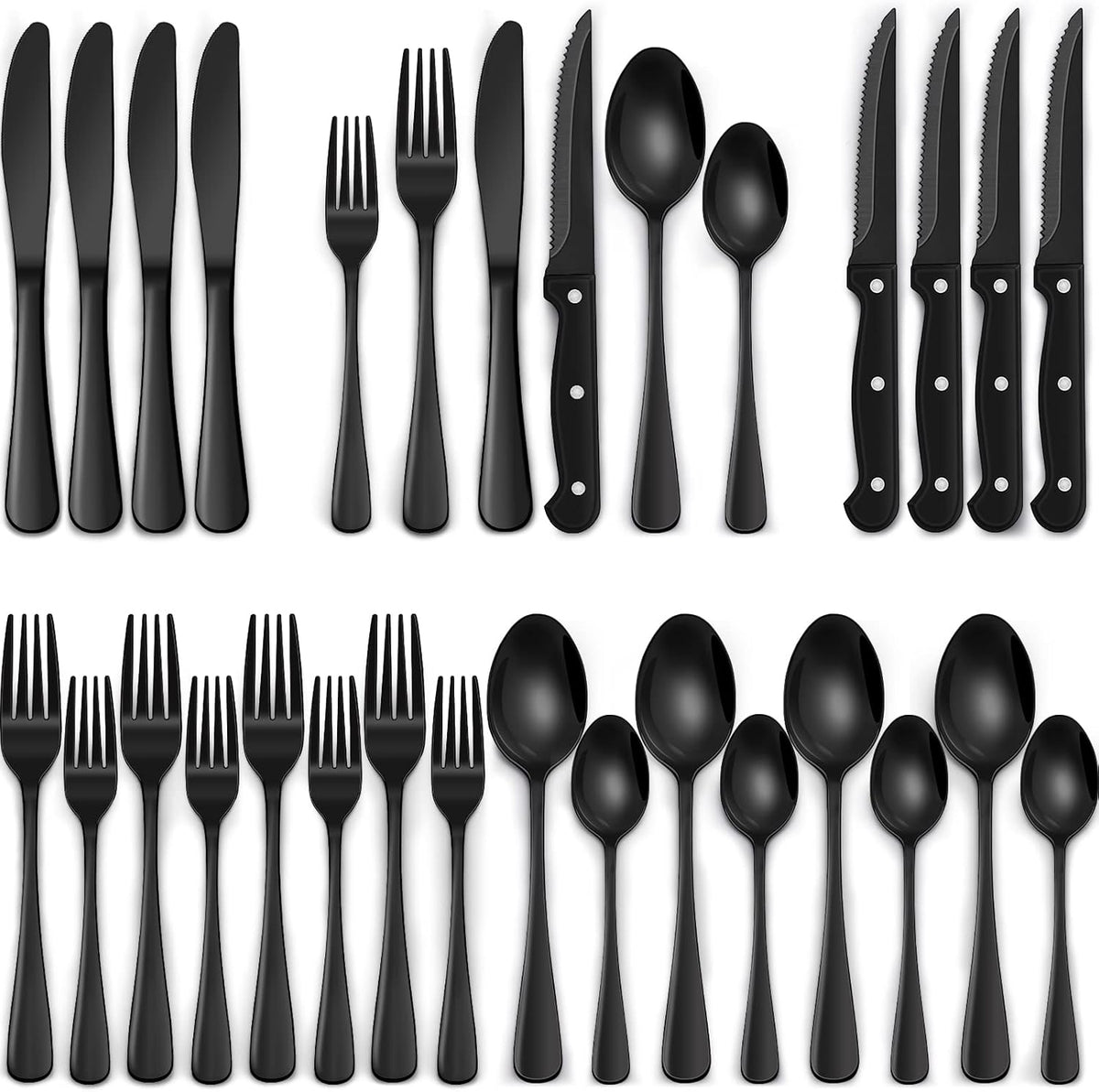 EWFEN 24-Piece Black Silverware Set with Steak Knives, Black Flatware Set for 4, Food-Grade Stainless Steel Tableware Cutlery Set, Mirror Finished Utensil Sets for Home Restaurant, Round Edge