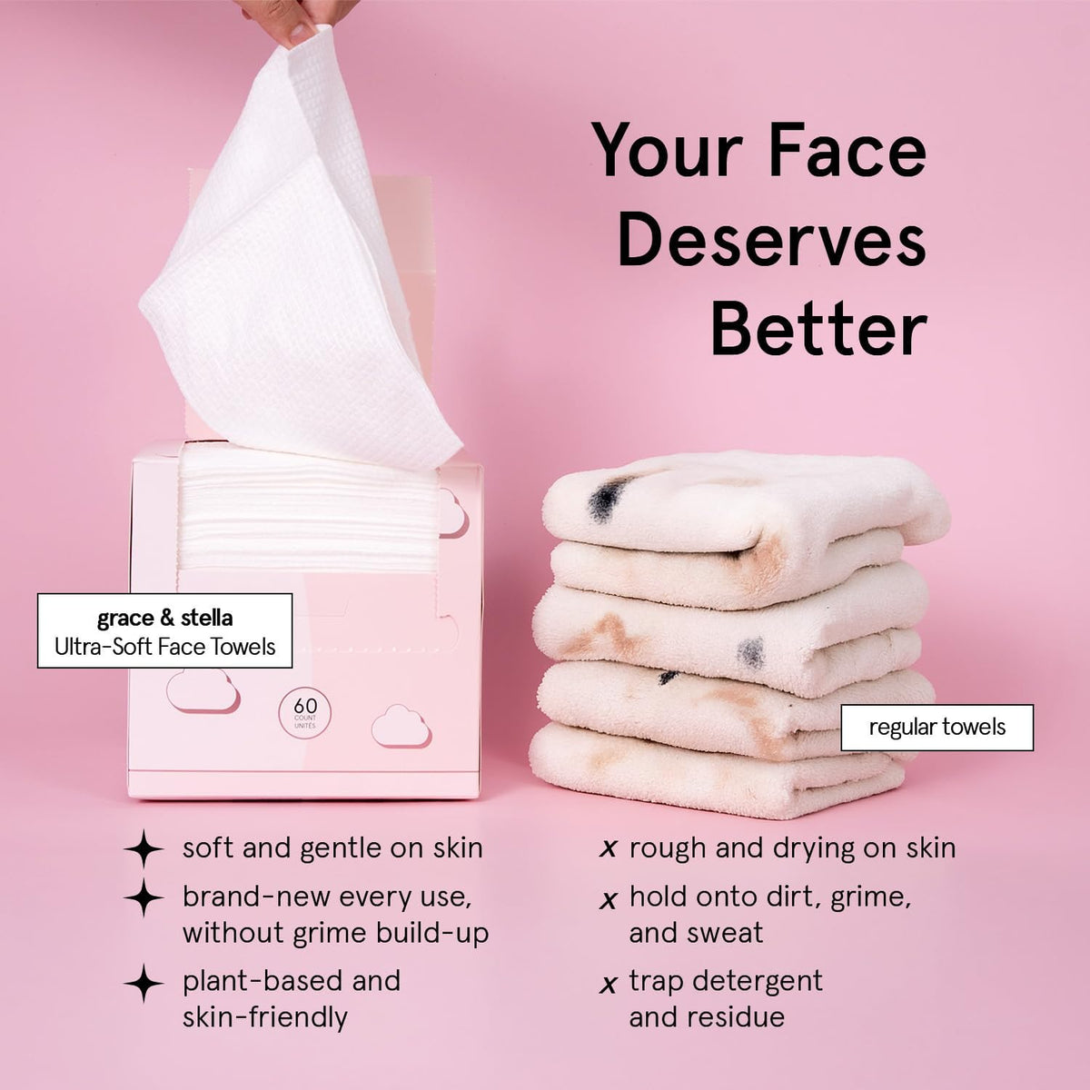 grace & stella Face Towels Disposable - Travel Essentials - Ultra-Soft & Absorbent Face Wipes Towelettes - XL Facial Towels for Cleansing & Makeup Removal - Lint-Free Facial Tissue - Vegan (60 Count)