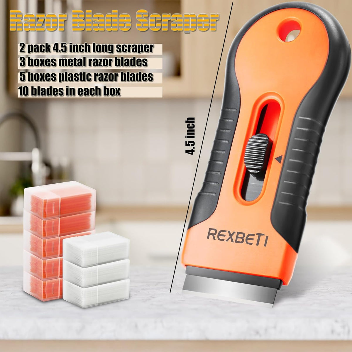 REXBETI Razor Blade Scraper Tool, 2 Pack Razor Scraper Set with Extra 80Pcs Razor Blades -30Pcs Metal and 50Pcs Plastic Blades, Cleaning Scraper Tool, Cooktop, Paint, Glass Scraper