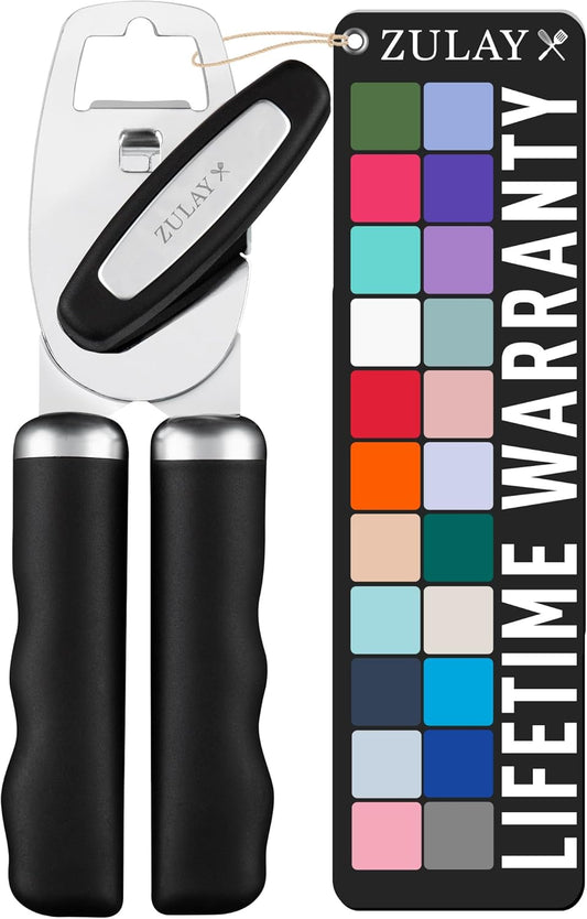 Zulay Kitchen Heavy Duty Stainless Steel Can Opener Manual with Bottle Opener - Rust Proof Manual Can Opener With Turn Knob & Comfy Soft Grip Handles - Black