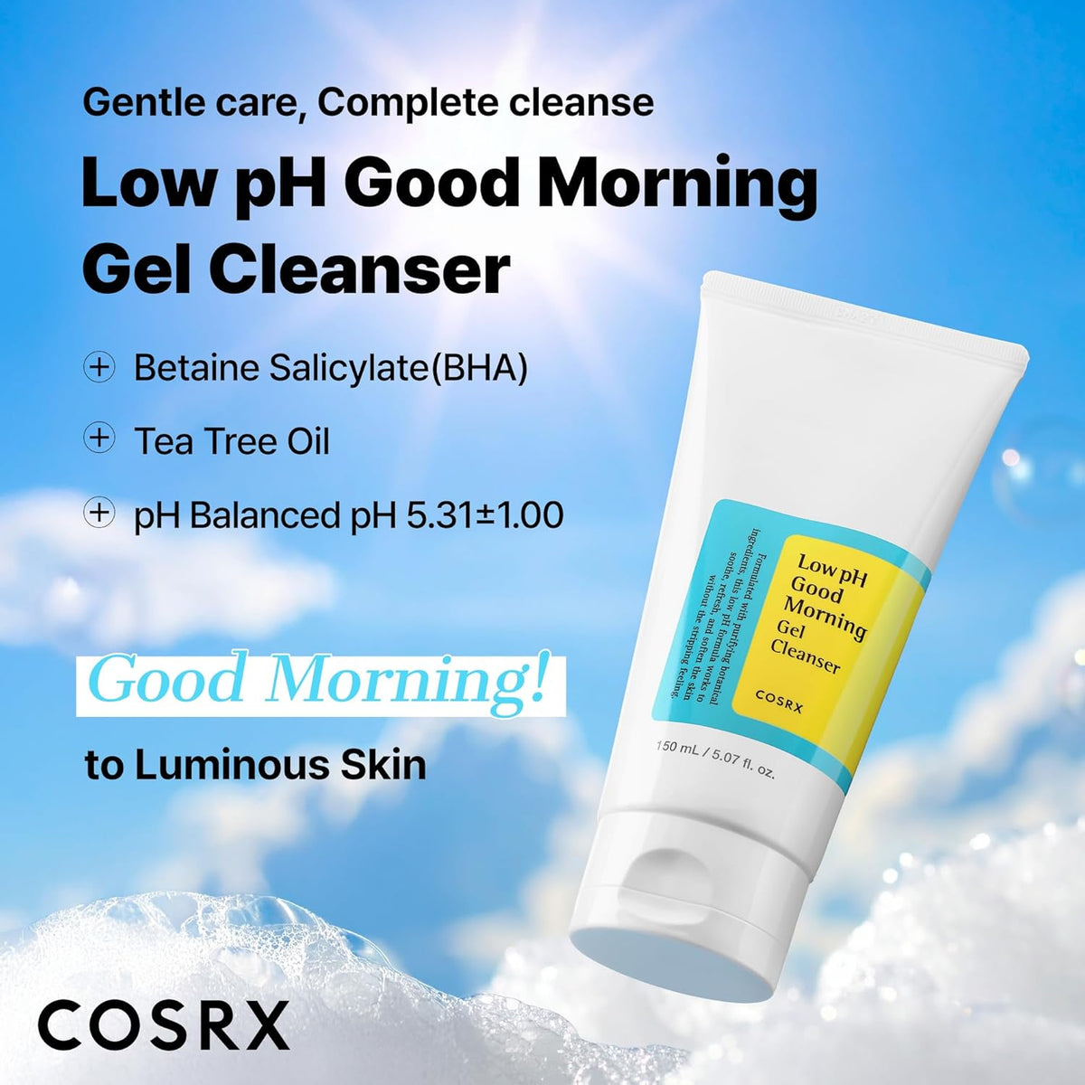 COSRX Low pH Good Morning Gel Face Cleanser, 5.07 fl oz, BHA Face Wash, Daily Mild Face Cleanser for Sensitive Skin, PH Balancing, Korean Skin Care, Korean Face Wash