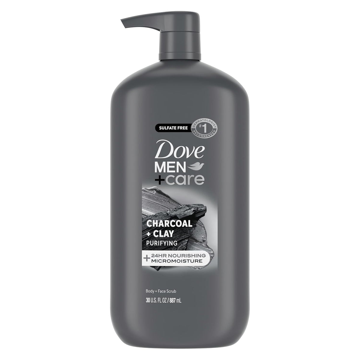 DOVE MEN + CARE Body and Face Scrub Charcoal + Clay Body Wash for Men with 24-Hour Nourishing Micromoisture Technology 30 oz