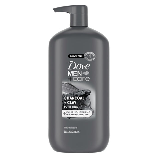 DOVE MEN + CARE Body and Face Scrub Charcoal + Clay Body Wash for Men with 24-Hour Nourishing Micromoisture Technology 30 oz