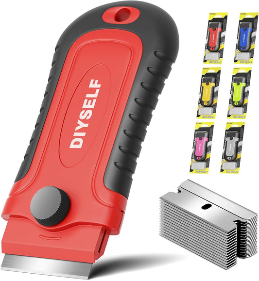 DIYSELF 1 Pack Razor Blade Scraper with 15 Extra Blades, Scraper Tool for Cleaning Window, Paint, Cooktop, Oven, Glass Stove Top Scraper, Razor Scraper with Buit-In Blade Storage