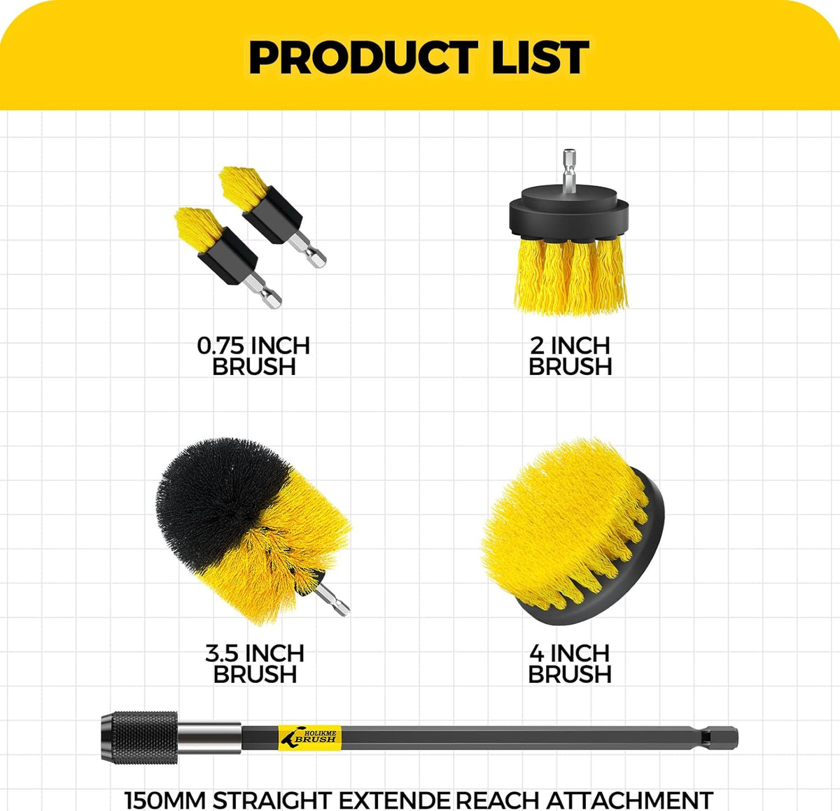 Holikme 6Pack Drill Brush Power Scrubber Cleaning Brush Extended Long Attachment Set All Purpose Drill Scrub Brushes Kit for Grout, Floor, Tub, Bathroom and Kitchen Surface,Scratch Brushes（Yellow）