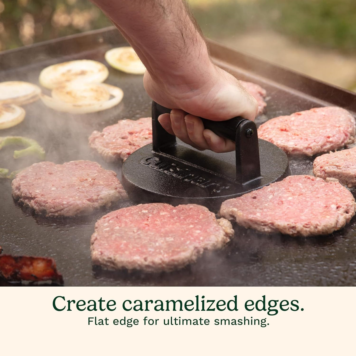 Cuisinart 6.5" Cast Iron Smashed Burger Press, Round Flat Edge Grill Press for Crispy Smash Burgers, Burger Tool for Grill and Griddle Accessories, for BBQs and Tailgates