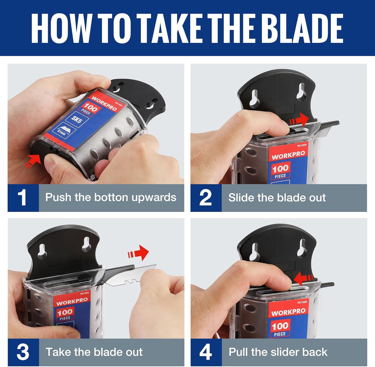 WORKPRO Utility Knife Blades, SK5 Steel, 100-Pack with Dispenser