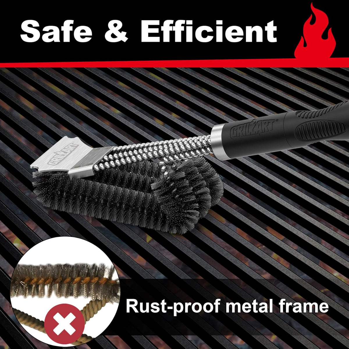 GRILLART Grill Brush and Scraper, Extra Strong BBQ Cleaner Accessories, Safe Wire Bristles Barbecue Triple Scrubbers Cleaning Brush for Gas/Charcoal Grilling Grates, Wizard Tool BR-8115