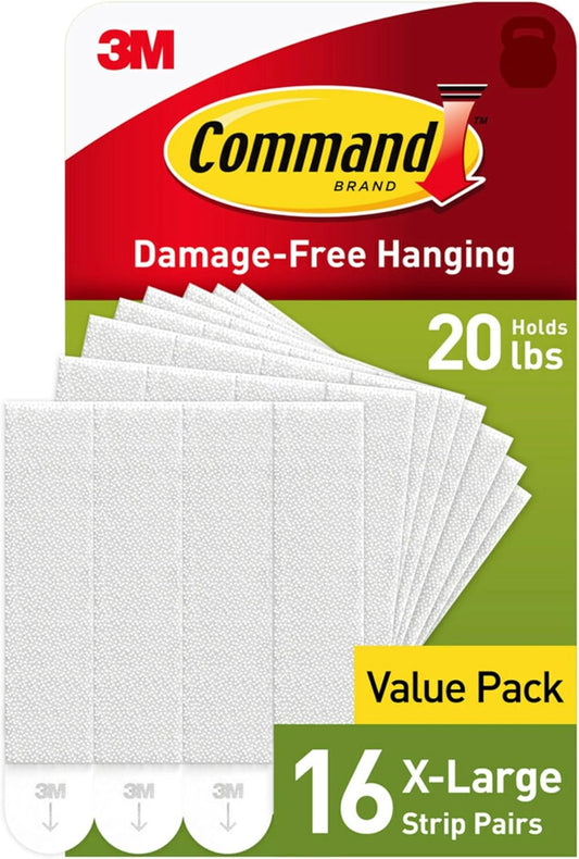 Command 20 lb XL 16 Pairs Heavyweight Picture Hanging Strips (32 Strips), Damage-Free Hangers for Picture Frames, No Tools Required, Ideal for Home Room Wall Decor, White Adhesive