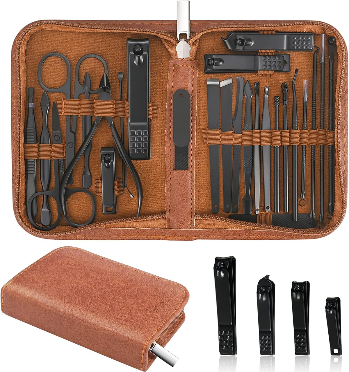 MINKINH Manicure Set Professional Nail Clipper Kit-26 Pieces Stainless Steel Manicure Kit,Nail Care Tools with Luxurious Travel Case (Brown)