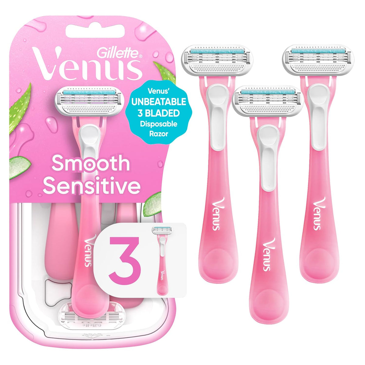 Gillette Venus Sensitive Women's Disposable Razors - Single Package of 3 Razors