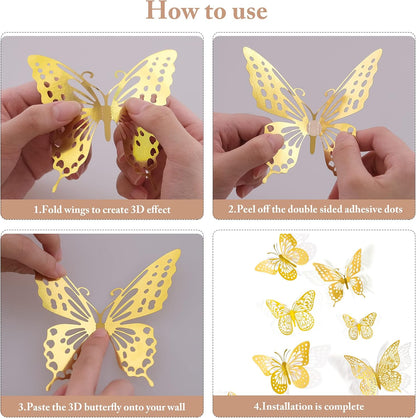 SAOROPEB 3D Butterfly Wall Decor - 48 Pcs, 4 Styles, 3 Sizes, Gold Butterfly Decorations for Birthday & Party Celebrations, Removable Stickers