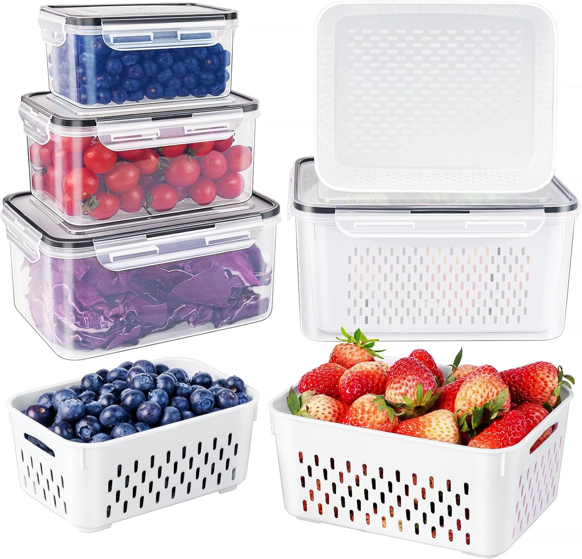 Freshmage Fruit Storage Containers for Fridge with Removable Colander, Airtight Food Storage Container, Dishwasher Safe Produce Saver for Refrigerator, Keep Berry Fruit Fresh Longer 4 pcs Small Clear
