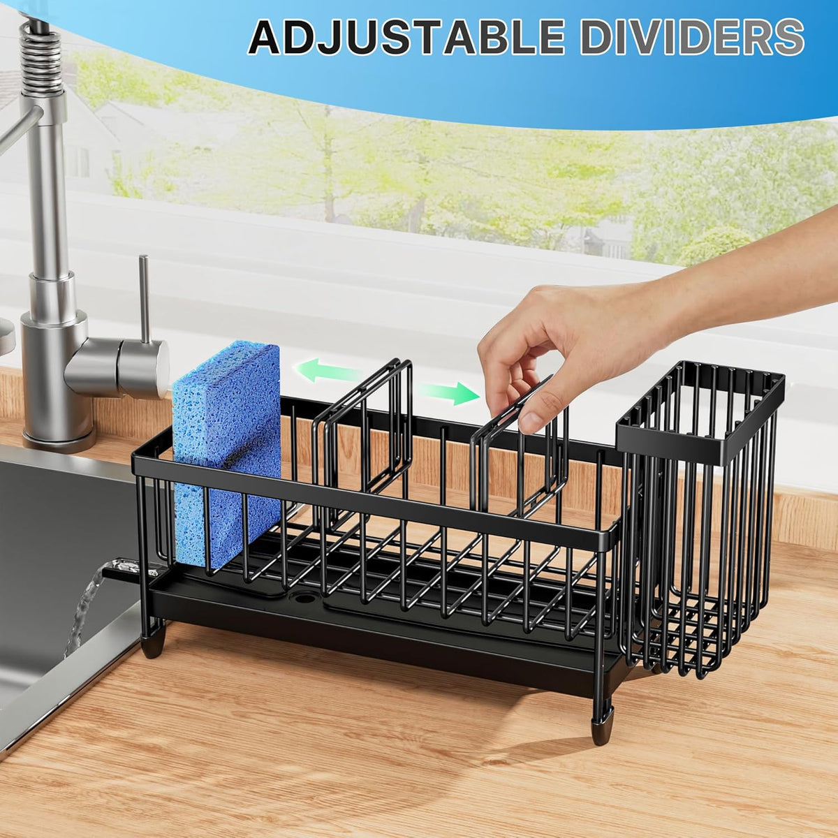 Cisily Sponge Holder for Kitchen Sink, Sink Caddy Organizer with High Brush Holder, Kitchen Countertop Organizers and Storage Essentials, Rustproof 304 Stainless Steel (Black, 9.25″)