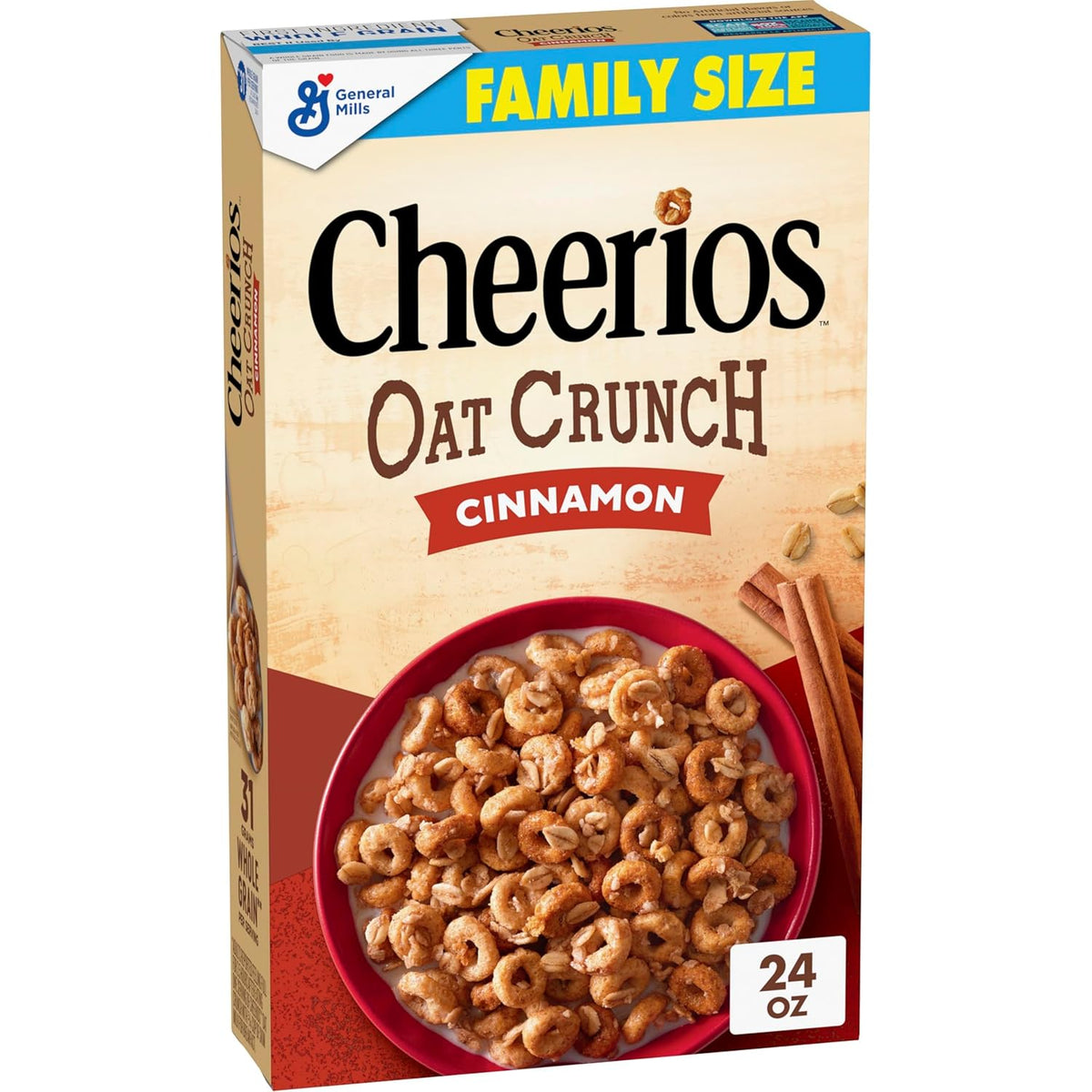 Cheerios Oat Crunch Cinnamon Breakfast Cereal, Made with Whole Grain, Family Size, 24 oz