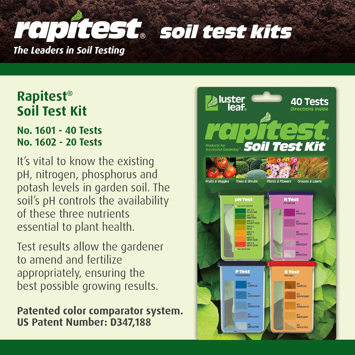 Rapitest Soil Test Kit for Gardens, Vegetables, Flowers and Lawns. USA designed and assembled soil tester completely, quickly and accurately measures/analyzes soil pH acidity and garden nutrients.