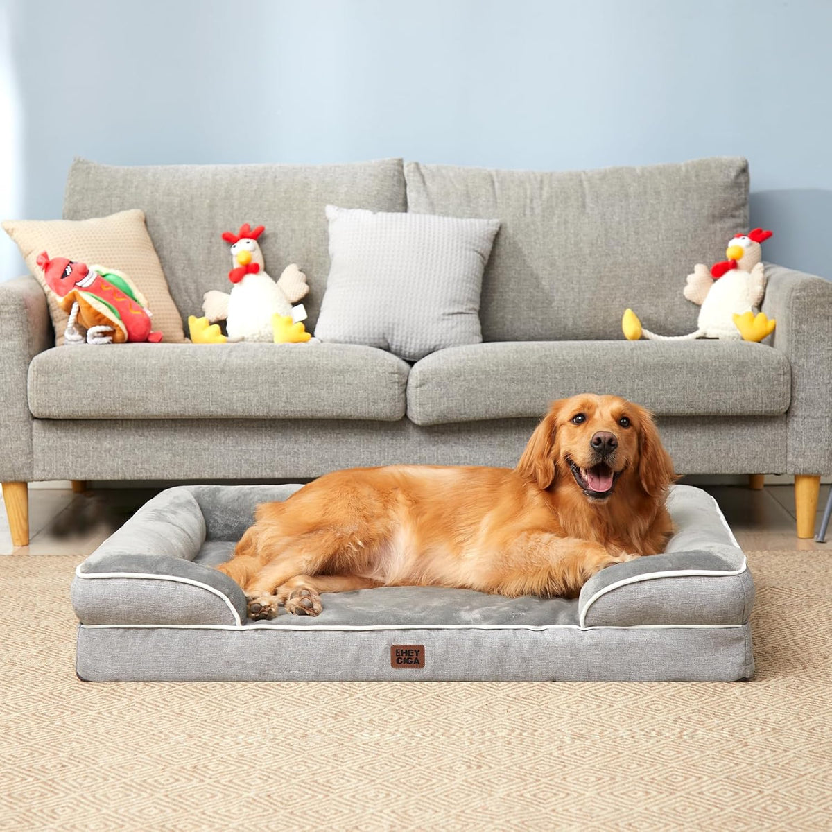 EHEYCIGA Orthopedic Dog Beds for Extra Large Dogs 44x32Inch, Waterproof Memory Foam XL Pet Bed with Sides, Non-Slip and Egg-Crate Foam Big Dog Couch Bed with Washable Removable Cover, Grey