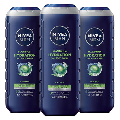 NIVEA MEN Maximum Hydration Body Wash for Dry Skin, Aloe Vera Enriched, 3-in-1 Moisturizing Body Wash, Face and Hair, Paraben Free, Vegan Formula, 16.9 Fl Oz Bottle, Pack of 3