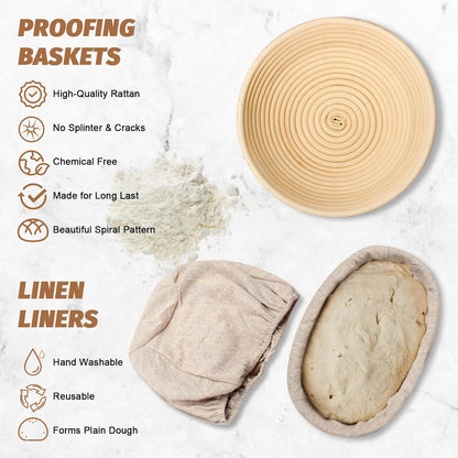 Sourdough Proofing Basket Gift Set, 9" Round and 10" Oval Banneton Bread Baking Supplies, Sourdough Baskets with Bread Lame, Danish Whish, Bowl Scraper, Sourdough Scraper, and Linen Liner