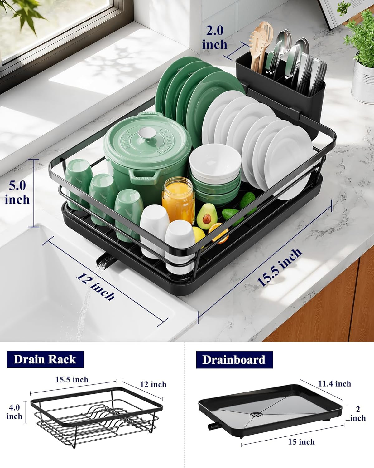 Kitsure Dish Drying Rack for Kitchen Counter, Stainless Steel Sink Organization and Storage Essentials with Cutlery Holder, Home and Appartment Decor, 12''W x 15.5''L, Black