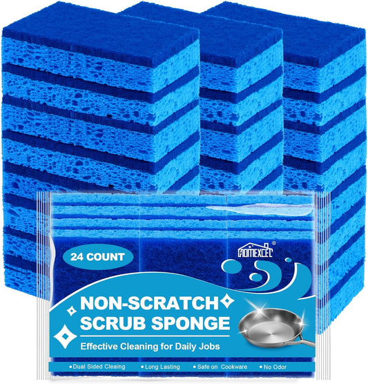 HOMEXCEL Sponges Kitchen 24pcs, Non-Scratch Scrub Dish Sponge Safe on Non-Stick Cookware, Dual Sided Cleaning Sponges for Kitchen, Household, Bathroom and More