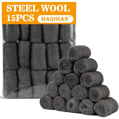 MAQIHAN Steel Wool Pads 0000 15PCS - Steel Wool 0000 Roll Glass Wood Fabric Metal Extra Fine Polishing Chrome Glass Polishing Pads Wool Steelwool Mice Control Weep Hole Covers Walls Fill