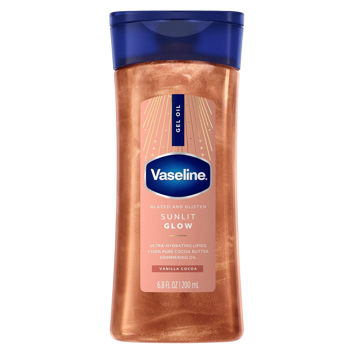Vaseline Glazed and Glisten Sunlit Glow Body Gel Oil Vanilla Cocoa Shimmering with Ultra-Hydrating Lipids and 100% Pure Cocoa Butter, 6.8 Oz