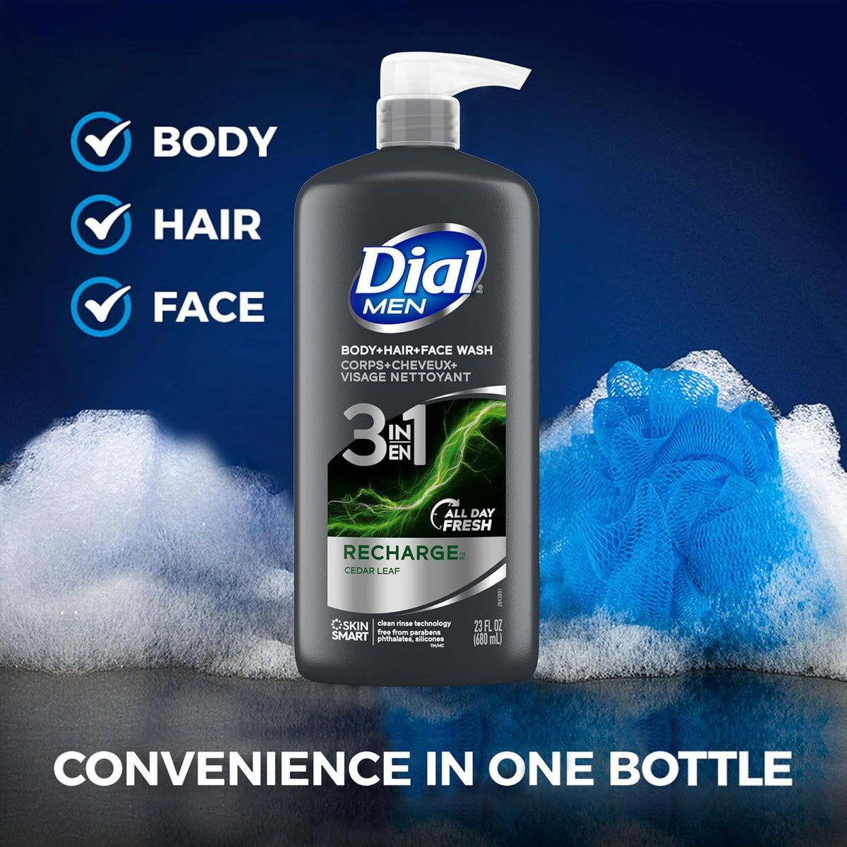 Dial Men 3in1 Body, Hair and Face Wash, Recharge, 69 fl oz (3-23 fl oz Bottles)