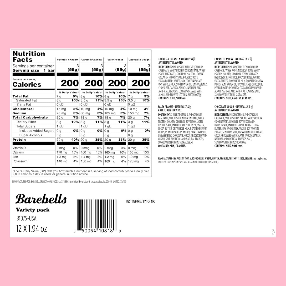 Barebells Protein Bars Variety Pack - 12 Count, 1.9oz Bars - Protein Snacks with 20g of High Protein - Chocolate Protein Bar with 1g of Total Sugars - Perfect on The Go Protein Snack & Breakfast Bars