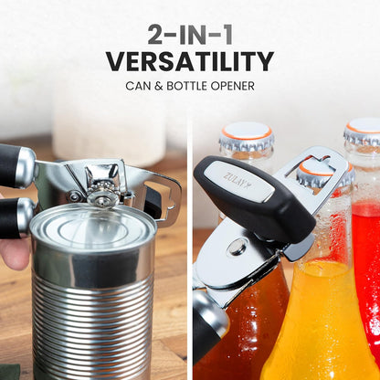 Zulay Kitchen Heavy Duty Stainless Steel Can Opener Manual with Bottle Opener - Rust Proof Manual Can Opener With Turn Knob & Comfy Soft Grip Handles - Black