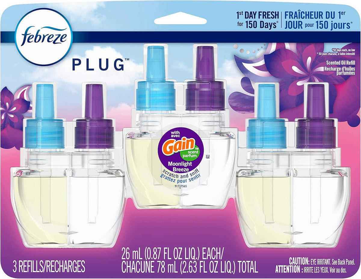 Febreze Plug In Air Freshener, Odor-Fighting Scented Oil Refill, Gain Moonlight Breeze, 3 Refills