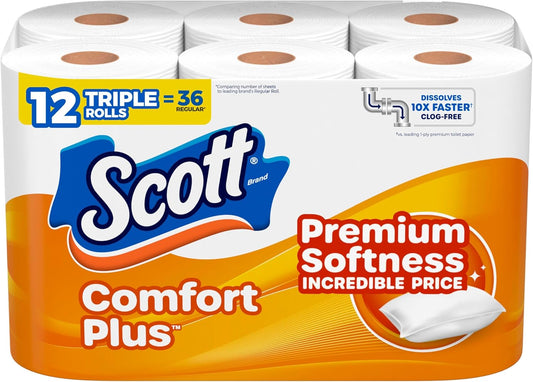 Scott ComfortPlus Toilet Paper, 12 Triple Rolls, 231 Sheets per Roll, Septic-Safe, 1-Ply Toilet Tissue
